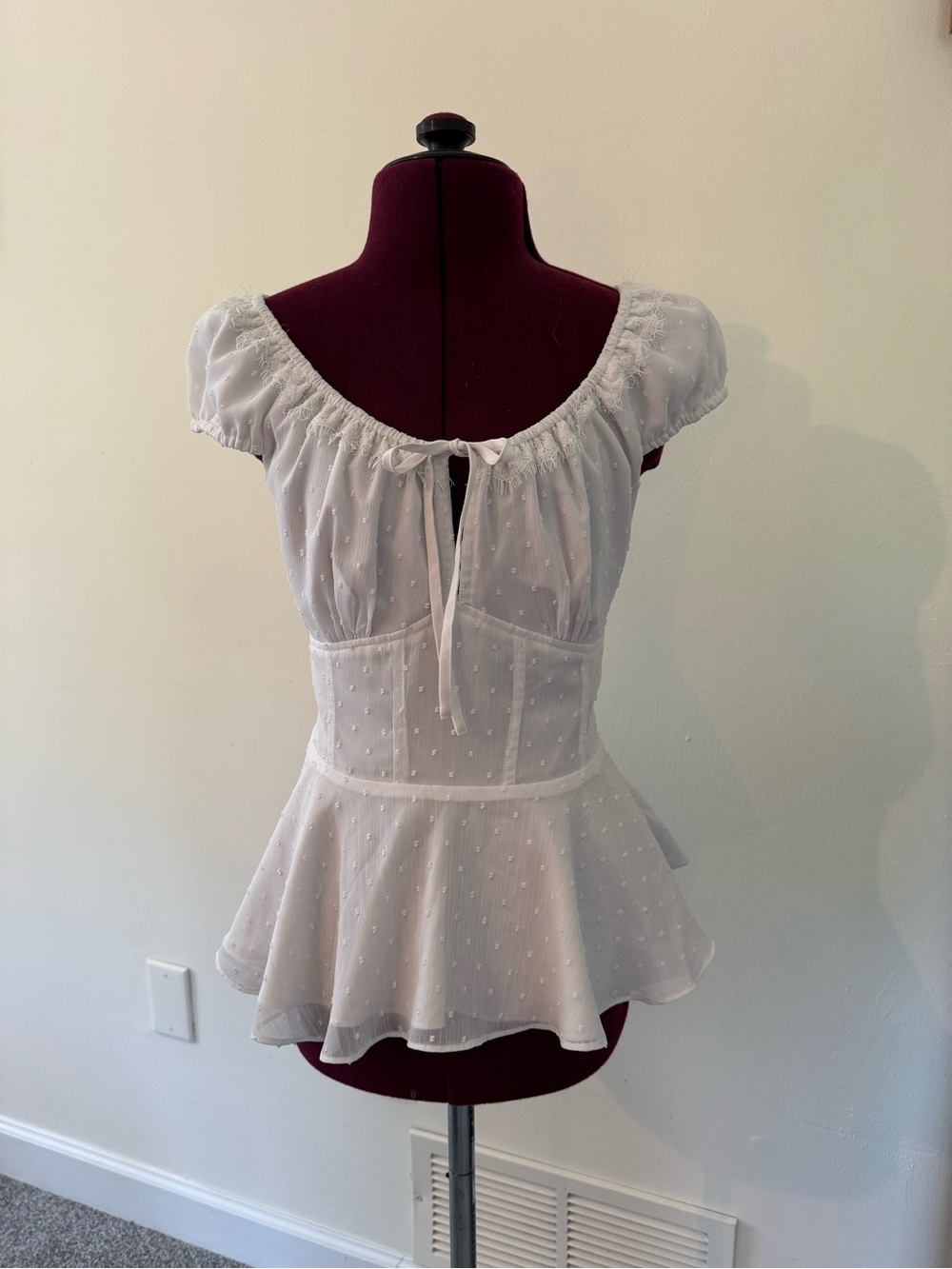 Guess White Swiss Dot Peplum Top